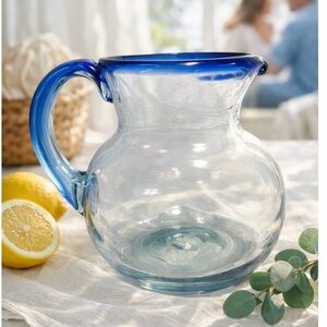 Hand Blown Art Glass Pitcher Cobalt Blue Rim Studio Glass Decor Collectible Vase